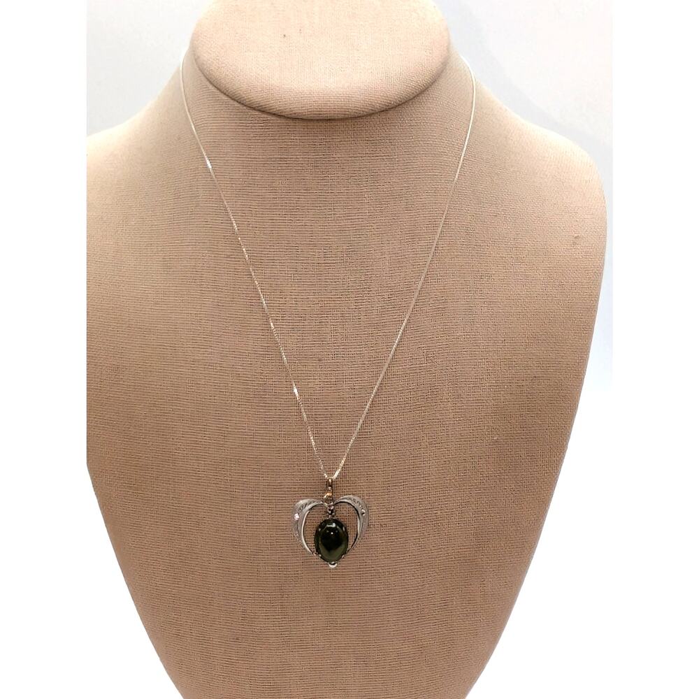 Vintage Sorrento Sterling Green Glass Cabochon Filigree Heart Pendant Necklace